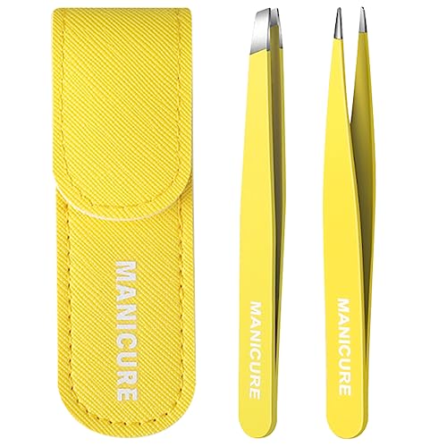 Professional Stainless Steel Precision Tweezers Slant +Fine Point Tweezers for Women and Men – Splinter Ticks, Facial, Brow and Ingrown Hair Removal–Sharp, Needle Nose (Yellow)