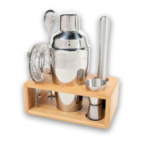 Premium Cocktail Shaker Set with Bamboo Stand, 4-Piece Bar Tools Kit, Stainless Steel Bartender Set with Shaker, Jigger, Mixing Spoon, and Strainer Cover