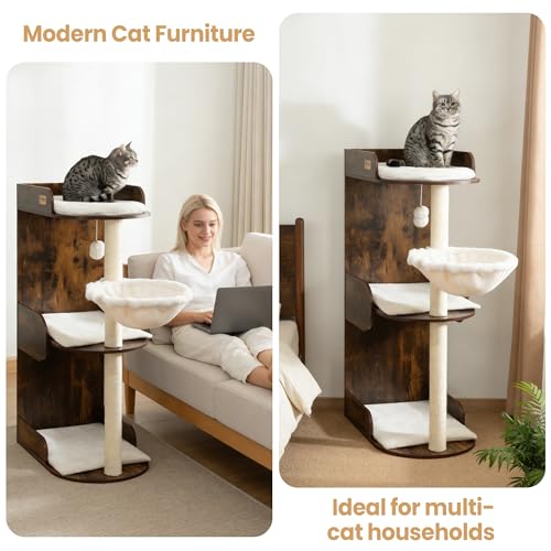 Modern Wood Cat Tree Tower for Indoor Large Cats, Cat Scratching Posts with Big Perch Bed, 44.8" Tall Multi-Level Wooden Cat Condo with Hammock, Removable Pads, Kitty Furniture, Rustic Brown - Image 3