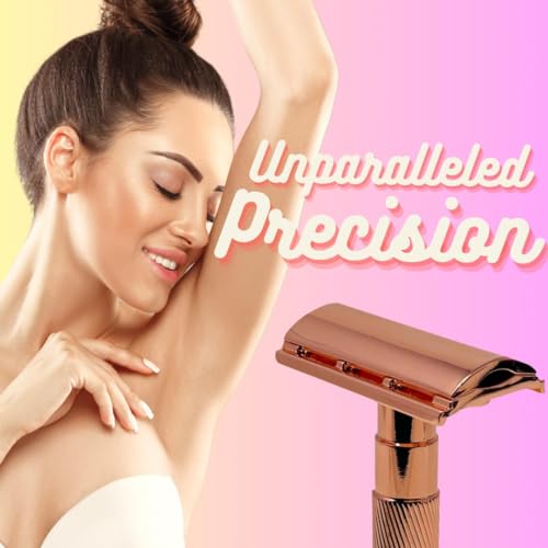 G.B.S Rose Gold Double Edge Safety Razor for Women with 10 Double Edge Safety Razor Blades Refills, Leather Razor Case Long Handle Metal Razor