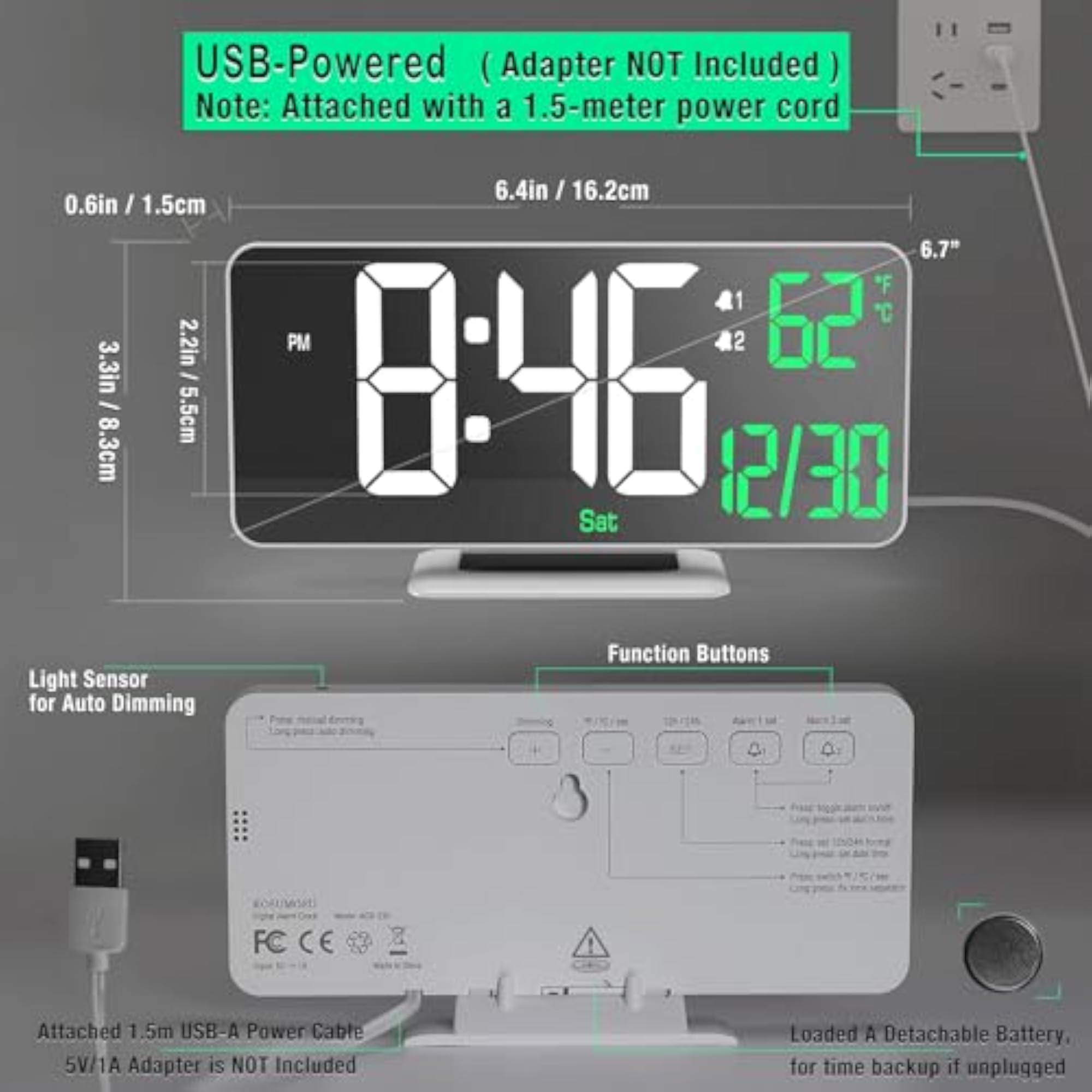 6.7 Inch LED Desk Clock with Double Alarm