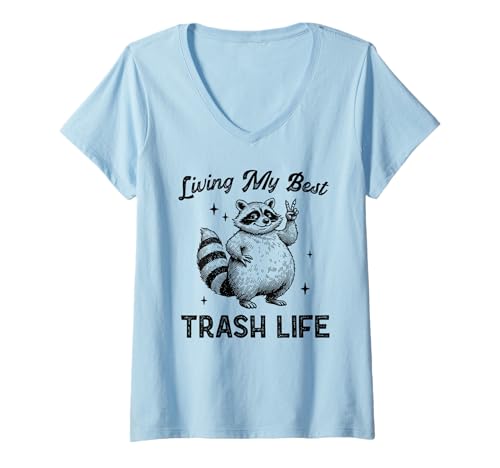 Mujer Living My Best Trash Life, divertido mapache, humor retro y animal Camiseta Cuello V