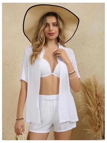 Milumia Women's 2 Piece Cover Ups Set Short Sleeve Open Front Hollow Out Swimsuit Coverup with Shorts3