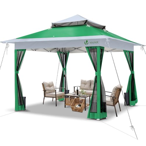 VOUNOT® Gazebo da Giardino Esterno 3.6x3.6m Pieghevole con Parti Laterali in Rete, Sistema di Clic Pop-up Anti-UV, Tenda Padiglione con Struttura in Acciaio Tetto Doppio, per Giardino, Terrazza, Verde