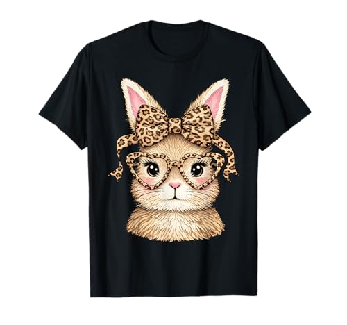 Cute Bunny Rabbit Face Leopard Coquette Bow Glasses Easter T-Shirt