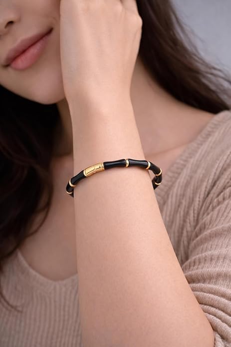 Image of Okos Black and Gold Bamboo Style Bracelet for Women and Girls, Lightweight Fashion Jewelry, Trendy Classic Wear, Gift for Her BR1000074BLK
