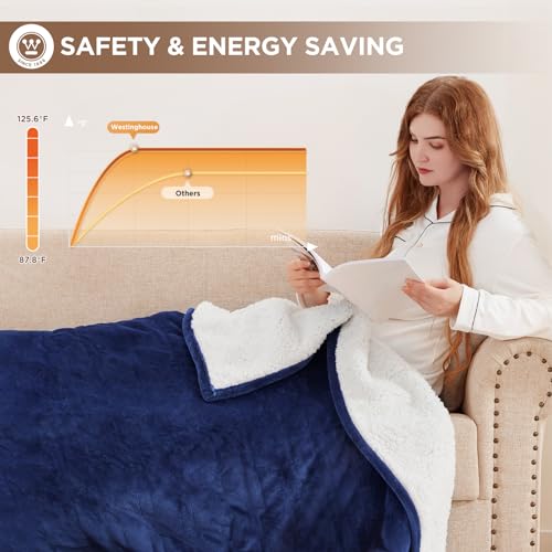 Westinghouse WH-HSF50-TEAL Electric Blanket Heated Throw | 6 Heating Levels & 4 Hours Auto Off | Flannel To Sherpa Reversible 50X60 thumb #5
