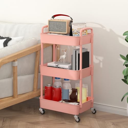 Image of Sywhitta 3-Tier Plastic Rolling Utility Cart with Wheels for Storage, Pink | Multi-Functional Storage Trolley, for Office, Living Room, Kitchen, Bathroom,Movable Organizer,Space-Saving,Easy to assemble