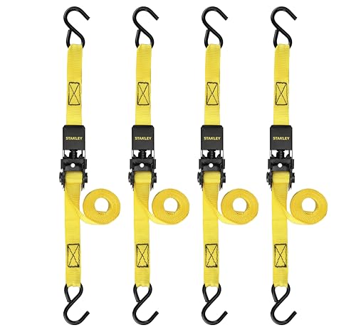 STANLEY S9500 Black/Yellow 1" x 10' Ratchet Straps - Light Cargo (300 lb Working Load / 900 lb Break Strength), 4 Pack by STANLEY - Used condition - US$14.48