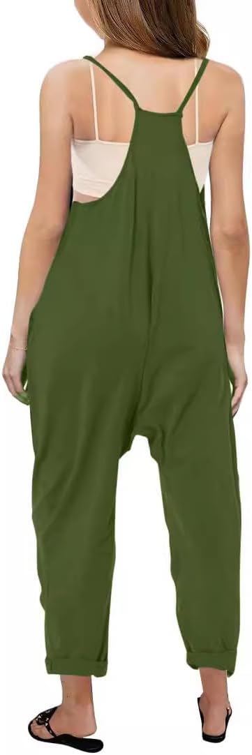 CFLONGE Girls Casual Jumpsuit, Spaghetti Strap Sleeveless Loose Romper with Pockets,Long Pants Jumpers, Green