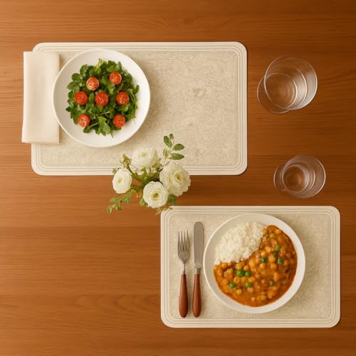Image of Leather Placemat Cream Floral Design with Border | Heat Resistant, Waterproof, Non-Slip, Easy to Clean Faux Leather Dining Table Mats (Set of 2)