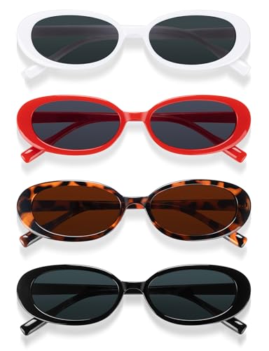 Becellen 4 Pièces Lunettes de Soleil Ovale Vintage, 90s Rétro Petite Lunettes de Soleil Protection UV 400 Sunglasses Pour Femme Homme