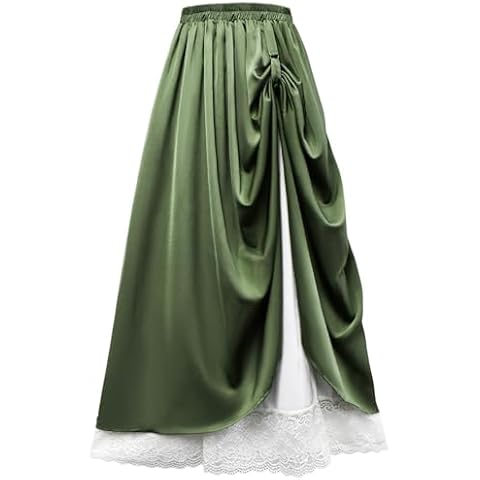 ATENTO Women Renaissance Style Skirt, Medieval Victorian Pirate Cosplay Costume Double Layered Maxi Long Skirts Green Cover