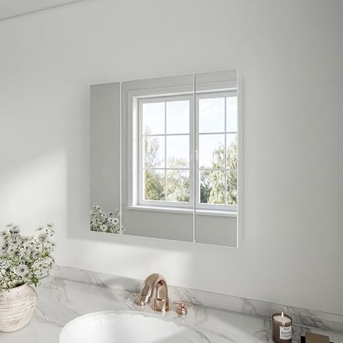 Image of Panana Bathroom Wall Mounted Cabinet with 3 Mirrored Doors, 60 x 13 x 60 cm Wall Mirror Storage Medicine Cabinet, Adjustable Shelves, Easy to Assemble (White)