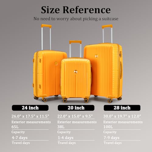 Joyway Suitcase Set 3 Piece Luggage Sets with TSA Lock, PP Hardside Carry on Luggage Set, Travel Lightweight Suitcases with Wheels, Orange