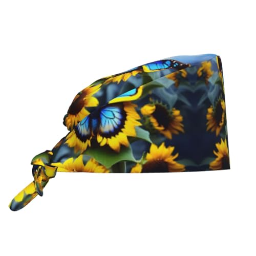 YYHHAOFA Breathable Work Hat Sunflower Blue Butterfly Printed for Chef, Nursing, Spa, Facial Care, Fitness