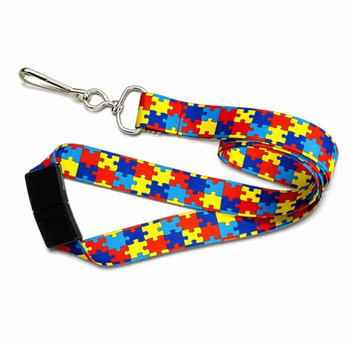 Autism Awareness Safety Lanyard with Puzzle Piece Design – Comfortable and Durable ID & Badge Holder with Breakaway Clasp for Teachers and School