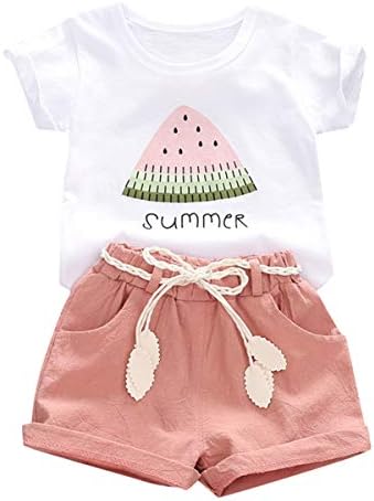 YOUNGER TREE Toddler Baby Girls Clothes Watermelon T-shirt + Linen Shorts with Belt Cute Summer Short Set
