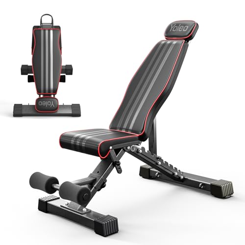 Yoleo Adjustable Foldable Weight Bench with Extended Head and Spine Support, 300KG/660LB Fast Folding Incline Decline Flat Bench for Home,Workout, Gym