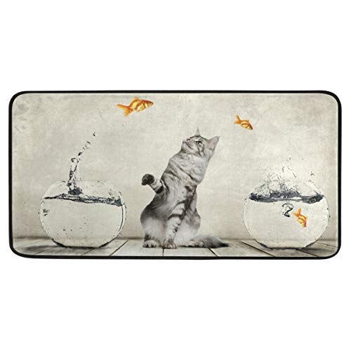 MOYYO Kitchen Mat Animal Funny Cute Cat Fish Kitchen Rug Mat Anti-Fatigue Comfort Floor Mat Non Slip Oil Stain Resistant Easy to Clean Kitchen Rug Bath Rug Carpet for Indoor Outdoor Doormat