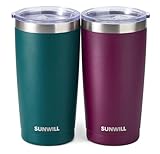 SUNWILL Travel Coffee Mug with Lid, 20 oz Tumbler Set of 2, Insulated Stainless Steel Cup for Drinks， Water, Tea, Powder Coated Forest Green & Plum