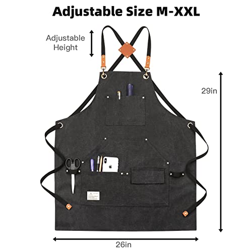 Mignongirl Chef Aprons For Men With Multi Pockets,Heavy Duty Canvas Cross Back Apron For Bbq/Kitchen/Cooking/Chef/Tool/Work,Adjustable Size M-Xxl,Black #TOP6