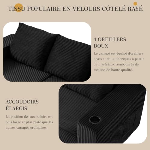 Canapé angle convertible velours noir porte-gobelets Nolirx