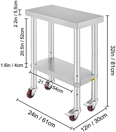 VEVOR Stainless Steel Catering Work Table 12x24 Inch Commercial Work Table with 4 Wheels Commercial Food Prep Workbench with Flexible Adjustment Shelf for Kitchen Prep Table