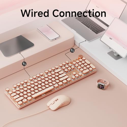 Image of EWEADN Wired Typewriter keyboard and Mouse Combo, Typewriter Style Mechanical Gaming Keyboard,104 Keys Backlit LED Keyboards, Media Control Knob, Wired Keyboard Pink Switch for Windows /Mac /PC-Pink