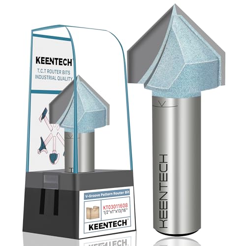 KEENTECH 90 Degree V Groove Router Bit for Woodworking with 1/2" Shank, Industrial Grade Carbide, 1" Diameter x 13/16" Cutting Depth, with Storage Case