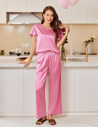 Image of Ekouaer Women's Satin Silky Pajama Set 2 Piece Short Sleeve Shirt with Long Pants Pjs Sets Soft PJ Loungewear S-XXL