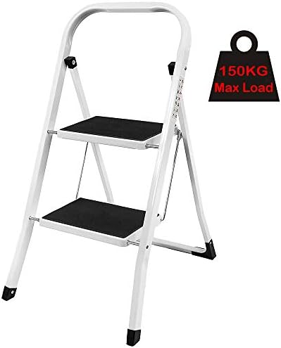 2 Step Ladder Iron Steel Heavy Duty 330lbs Capacity Folding Foldable Portable Wide Non Slip 2 Tread Stepladders Safety Light Weight