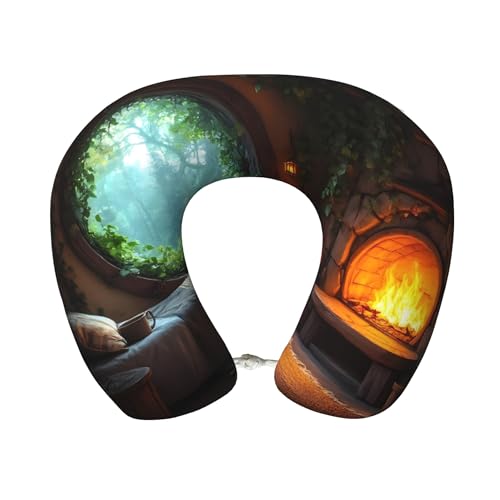 Qewfoju Cozy Tree Hole Cabin Print Travel Neck Pillow for Adults Memory Foam U-Shaped Neck Pillow with Snap Strap Travel Pillow for Sleeping and Neck Support