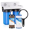 PUREPLUS 2-Stage Whole House Water Filtration System, Reduces Chlorine, Odor, Heavy Metals & Rust, 10"x4.5" Housing, 1" Inlet/Outlet, PP Grooved Sediment & KDF Carbon Filters, Pressure Gauges Included