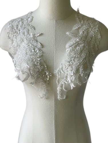JRYYR Beaded Applique, Flower Sequin Patch, White Applique for DIY Neckline Wedding Bridal Prom Dresses Costumes 14.1x4.9 inches 1 Pair (White)