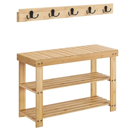 SONGMICS Schuhbank Wandgarderobe Set, Schuhregal mit Sitzfläche, multifunktional, 5 Zweifach-Metallhaken, Schuhbank mit 3 Ebenen aus Bambus, für Flur Schlafzimmer Wohnzimmer, naturbeige LCR004N01