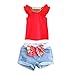 WXBUY Kids Girls Ruffled Sleeves T-shirt+ Bow-knot Jeans Pants Outfits Red S