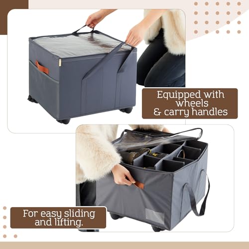 AceOrbit Large Rolling Shoe Organizer 360 Degree Wheeled Fits up to 16 Pairs, Storage Box with Brake and Clear Dust Cover, Adjustable Dividers, Protects Shoes from Dust and Moisture