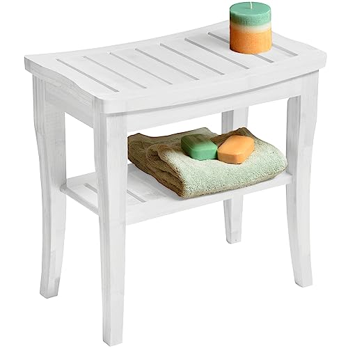 Bambusi Bamboo Shower Bench Spa Stool - Wood 2-Tier Seat, Foot Rest Shaving Stool with Non-Slip Feet + Storage Shelf - Seat or Organizer for Bathroom, Living Room, Bedroom and Garden Decor (White)