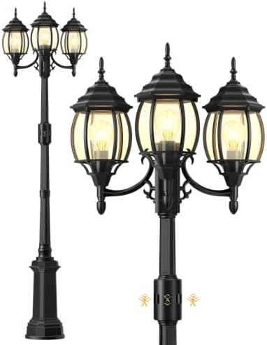 Redluck Motion Sensor Outdoor Post Lights, 3-Head Dusk to Dawn Lamp Post