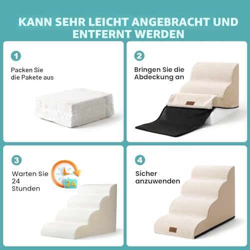 COZY KISS Hundetreppe für Kleine Hunde 57cm, Haustiertreppe für Hochbett aus Hochdichtem Schwamm, Hunde Treppe Hunderampe mit Waschbarem Bezug und Rutschfestem Boden, 40x84x57cm, 5 Stufen, Beige