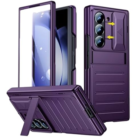 spoovcto for Samsung Galaxy Z-Fold-6 Case: with Camera Lens Cover, Hidden Kickstand, Hinge Protection, Front Screen Protector, Wireless Charging, for Z Fold 6 Slim Phone Cover (Purple) Cover