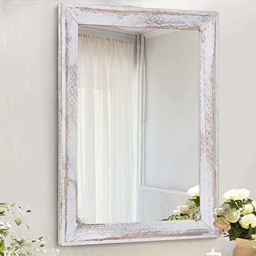 AAZZKANG Mirrors for Wall Rustic Wood Framed Mirror Decorative Farmhouse Bedroom Bathroom Hanging Mirror Wall Decor Rectangle White