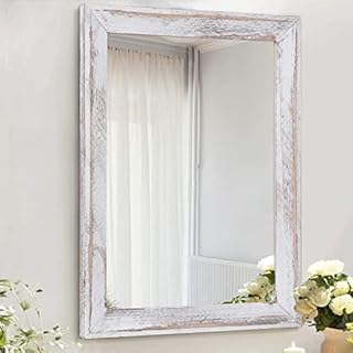 AAZZKANG Mirrors for Wall Rustic Wood Framed Mirror Decorative Farmhouse Bedroom Bathroom Hanging Mirror Wall Decor Rectangle White