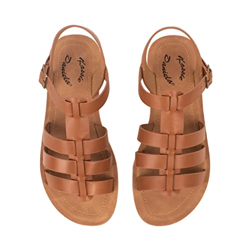 Kassie Daniela ~ Jazmine ~ Flat Strap Sandals With Side Buckle Clasp Summer Spring Beach Shoes For Women Girls & Teens (Cognac Pu, 7) #TOP4
