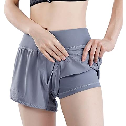 SS COLOR FISH Womens Sports Running Shorts with Pockets, Quick Dry Workout Gym Athletic Shorts for Women (2 in 1 Grey, Large) Cover