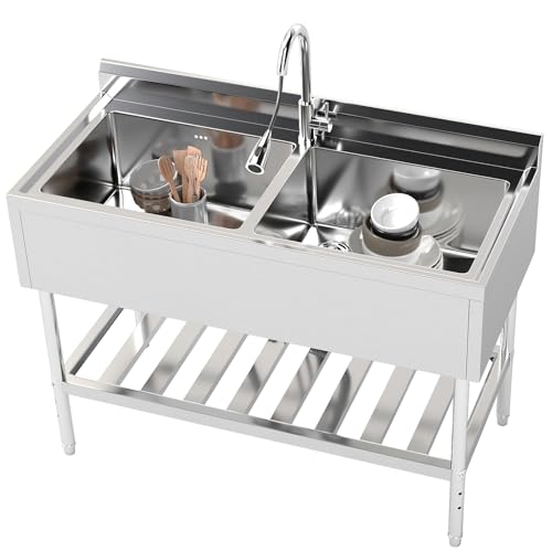 Toemics Stainless Steel Utility Sink, 47\'\' Free Standing DoubleBowl Kitchen Sink with Cold and Hot Water Pipe, Indoor and Outdoor for Laundry Room Farmhouse Kitchen(47inch)