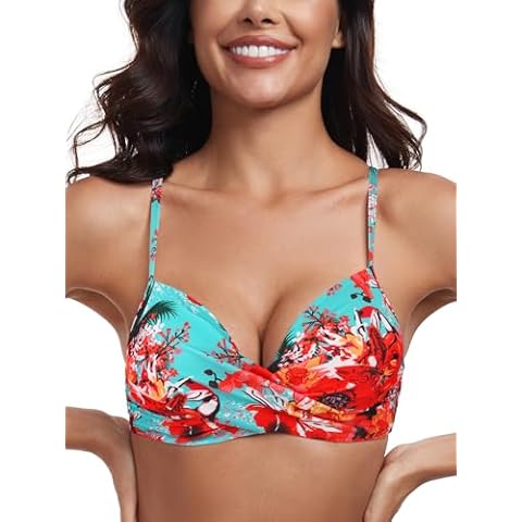 Colloyes Women's Push Up Bikini Top Twist Front Ruched Underwire Molded Soft Pads Bikini Swimsuit Top Blue Floral Size Medium Cover
