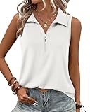 Vivilli Summer Tops for Women, Tank Tops for Women Sleeveless Tops Ribbed Tank Tops Zipper V Neck Dressy Casual Spring Camisole Tops Work Shirts Ladies Blouses Golf Polo Shirts White Top L
