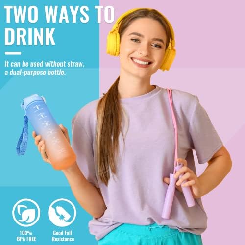 Bugucat Water Bottle 1L, Drinks Bottle with Straw and Time Markings, Jug Leak Proof,Sport Water Storage Container for Teenager Adult, Water Bottle for Gym School Cycling Fitness Outdoor